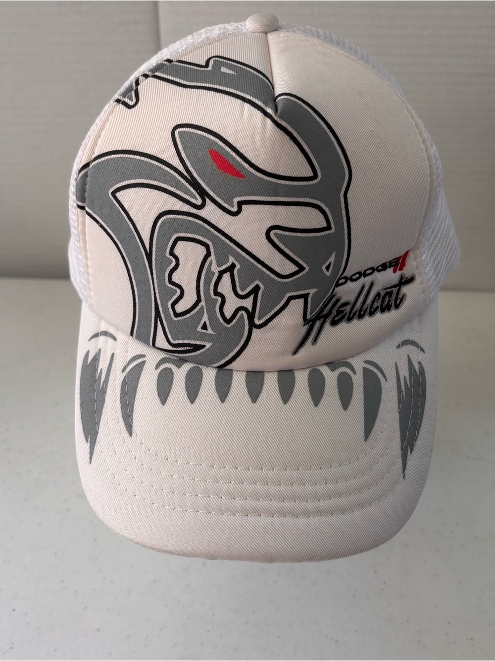 Dodge Hellcat White Trucker Hat with Gray Graphic